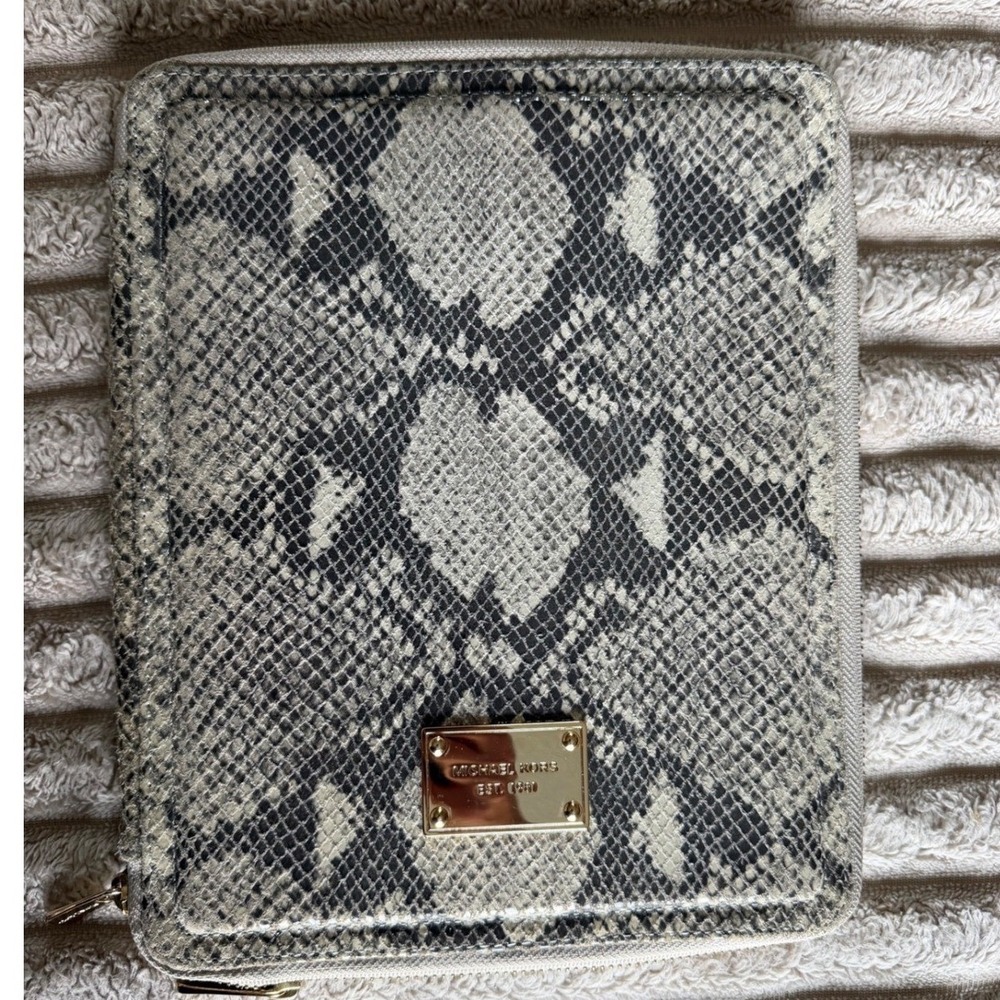 Michael Kors Snakeskin Embossed Zip Around Tablet Case Grey Cream Gold Logo